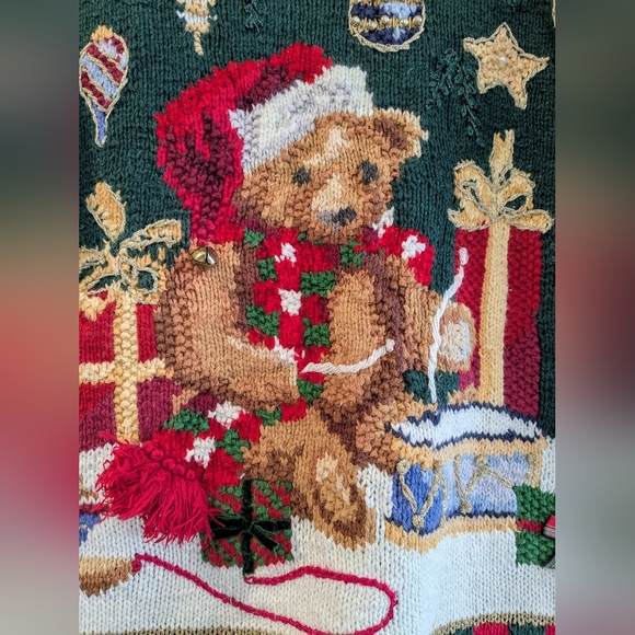 Vintage Fashion Bug Green Holiday Ugly Christmas Sweater Teddy Bear Size Large - Picture 5 of 15